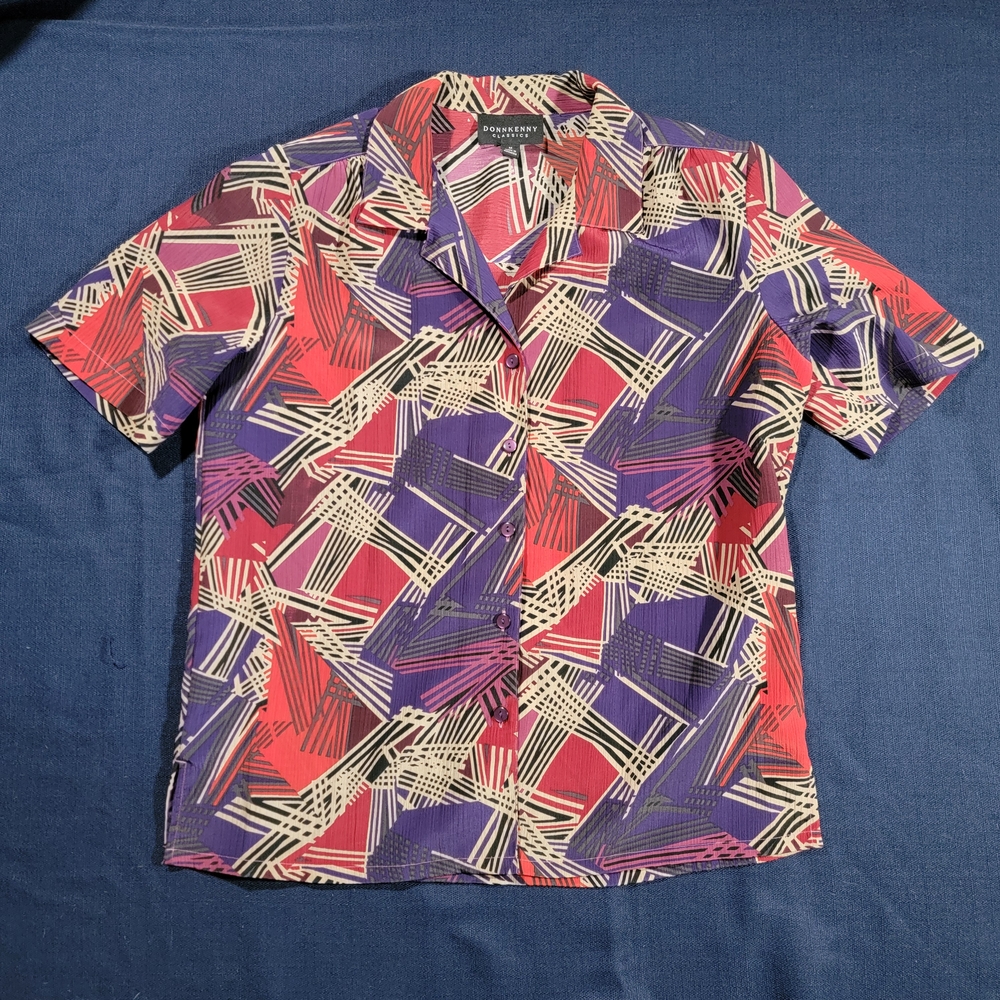 Vibrant Red and Purple Button Down Shirt with Geometric Design